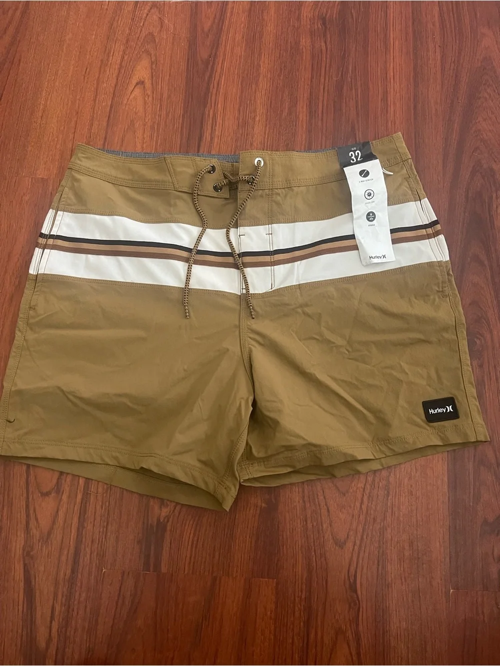 Hurley Men's Khaki Swim Shorts with White and Brown Stripes